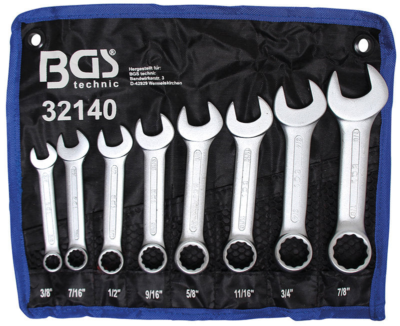 SET 8 PEZZI, CHIAVI COMBINATE, TIPO CORTO, IN POLLICI, 3/8” - 7/8” BGS32140
