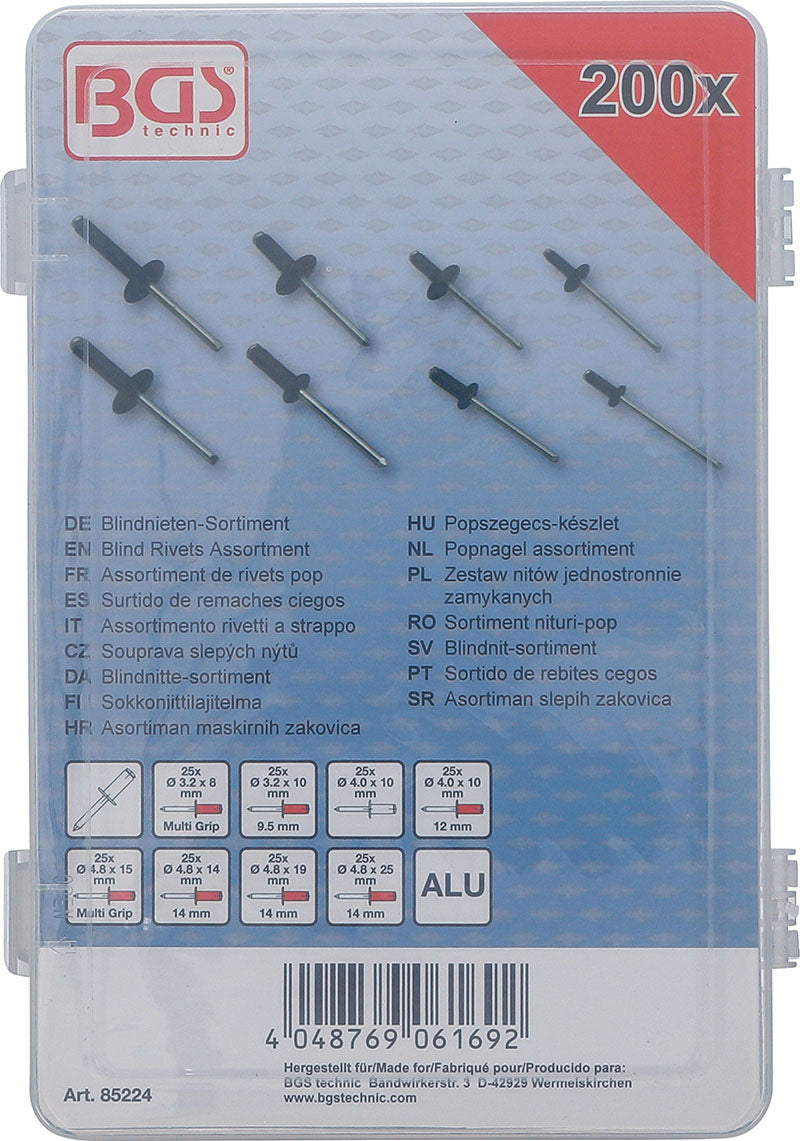 ASSORTIMENTO 200 PEZZI, RIVETTI IN ALLUMINIO, Ø 3,2 - 4,8 MM BGS85224
