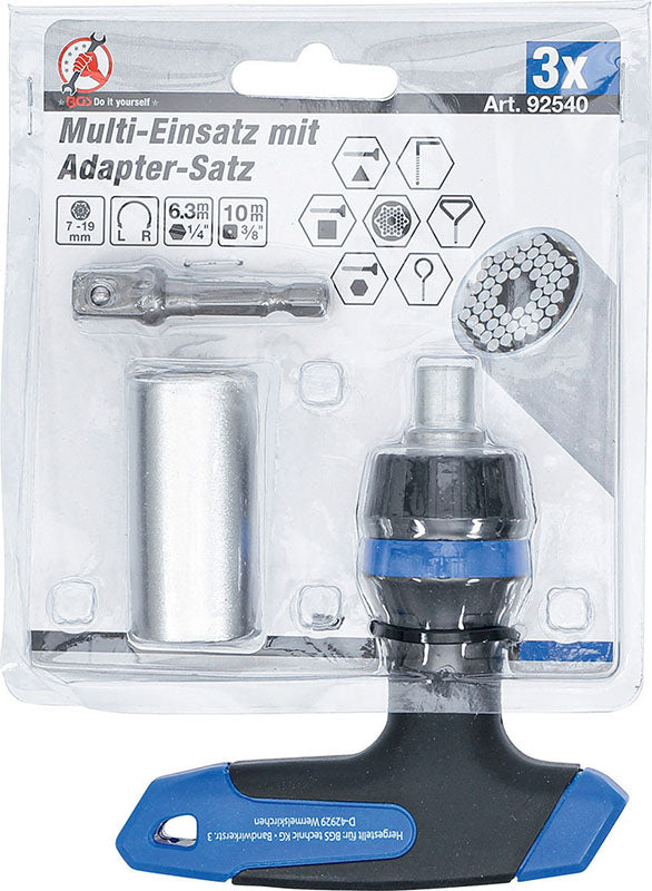 SET 3 PEZZI, BUSSOLA UNIVERSALE, ADATTATORE E CHIAVE A CRICCHETTO REVERSIBILE BGS92540
