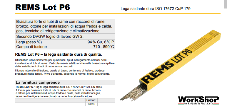 Lega saldante dura B-Cu94P-710/890, DIN EN 1044 REMS Lot P6