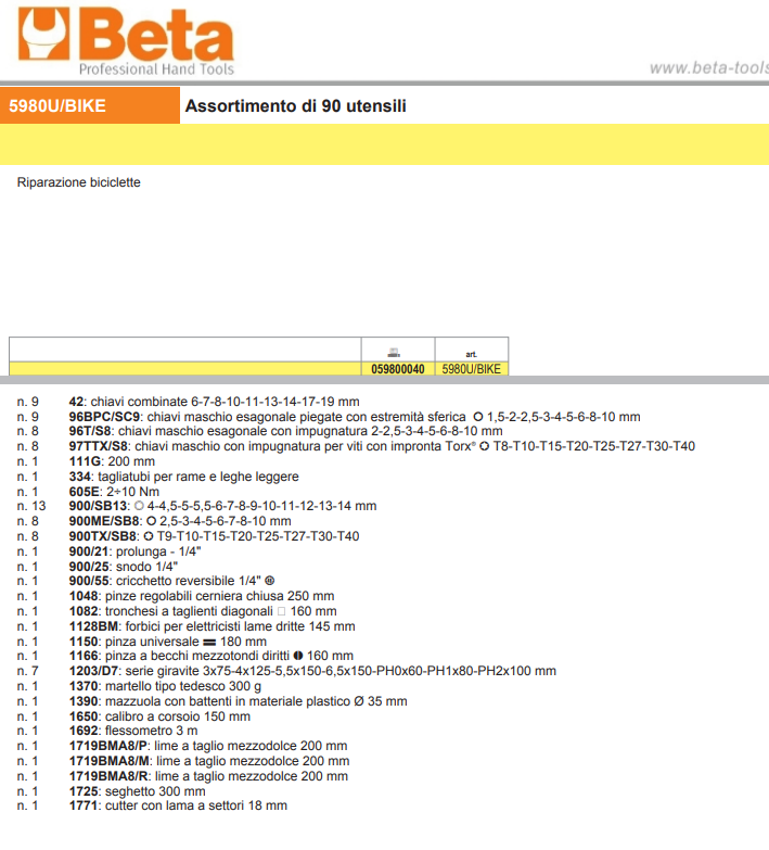 Assortimento di 90 utensili Riparazione biciclette Beta 5980U/BIKE